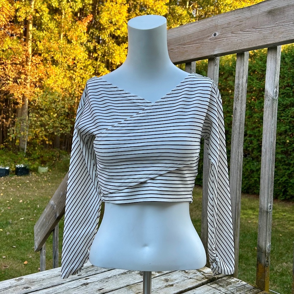 Walter Baker⎪White & Black Striped Cropped Wrap Top